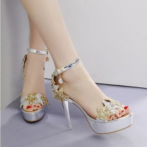 Sequin sandals women super high heel waterproof platform fine heel banquet dress rhinestone beige white hate high heels 12CM