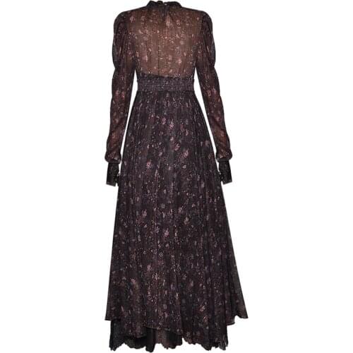 Fashion Women Spring Runway 2021 High Quality Puff Sleeve Floral Print Dimond Button Irregular Elegant Long Dress