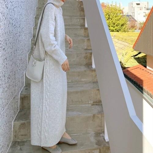 Mozuleva New 2021 Autumn Winter Women Dresses Turtleneck Straight Oversize Knitting Dress Elegant Vintage Long Dresses femme