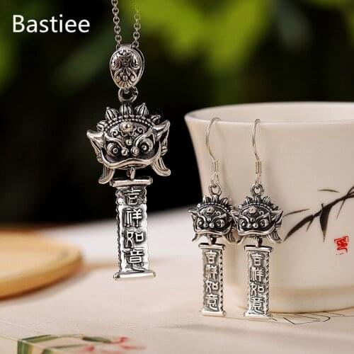 Bastiee Vintage Mythical Animals Silver 990 Jewelry Sets For Women Neclace Pendants Drop Earrings Luxury Gift Jewellery Set