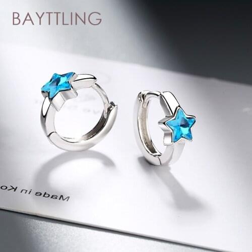 BAYTTLING 6MM 925 Sterling Silver Fine Blue Zircon Star Hoop Earrings For Woman Fashion Party Wedding Jewelry Gift