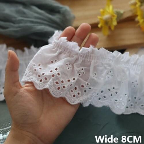 8CM Wide White Cotton Pleated Lace Fabric Embroidered Fringe Ribbon Ruffle Trim Dress Curtains Pet Skirts Sewing Patchwork Decor