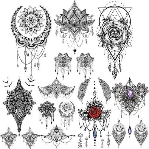 Black Henna Temporary Tattoo For Women Sexy Mandala Flowers Tattoos Sticker Lace Fake Jewelry Waterproof Tatoos Body Chest Back