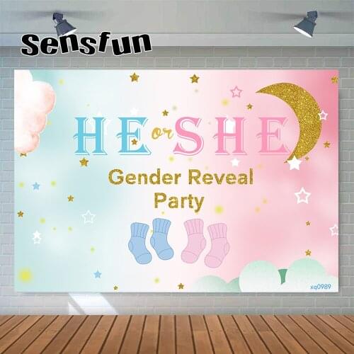 Sensfun Gender Reveal Party Backdrop Pink Mint Gold Glitter Moon Stars Sock He Or She Boy Or Girl Photography Background Custom