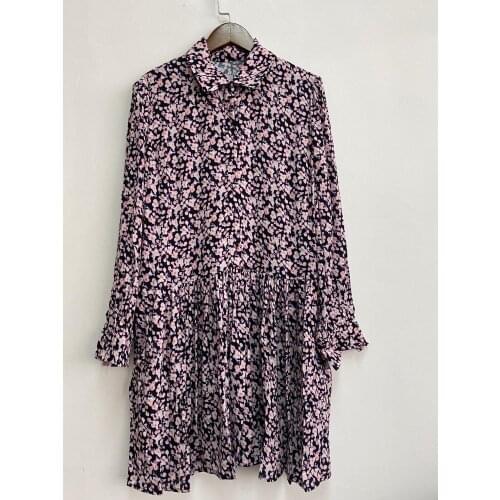 Elfbop Ladies Lapel Long Sleeve Floral Printed Dress With Pleated Hem Detail