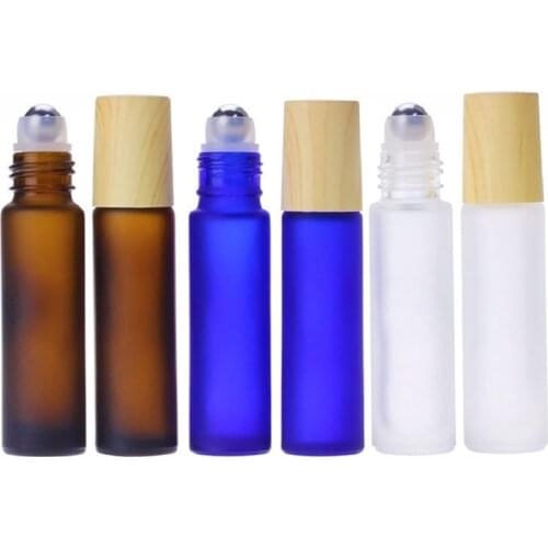 10ML Wood grain cover Frosted Roll On Bottle Essential Oil Glass Vials Steel Bead Perfume Container Refillable Bottles 30Pieces