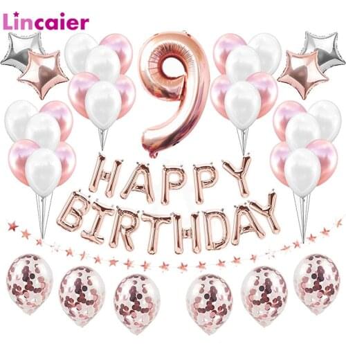 37pcs Number 9 Foil Balloons Happy Birthday Party Decorations 9 Years Old Nineth 9th Boy Girl Nine Supplies Rose Gold Pink Blue