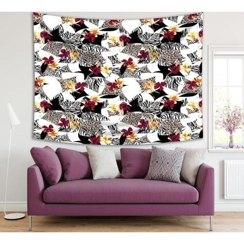 Tapestry Tropical Flowers and Animal Prints Zebra Leopard Pattern Stylish Colorful Artwork Black White Yellow Burgundy