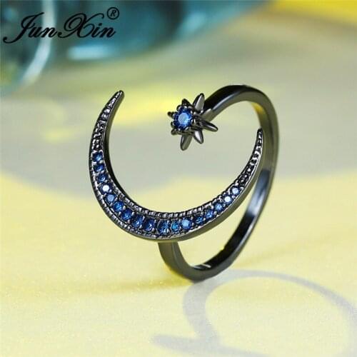 White Gold Filled Rings For Women Dainty Small Blue Star Moon Ring Open Adjustable Wedding Thin Ring Band Boho Jewelry