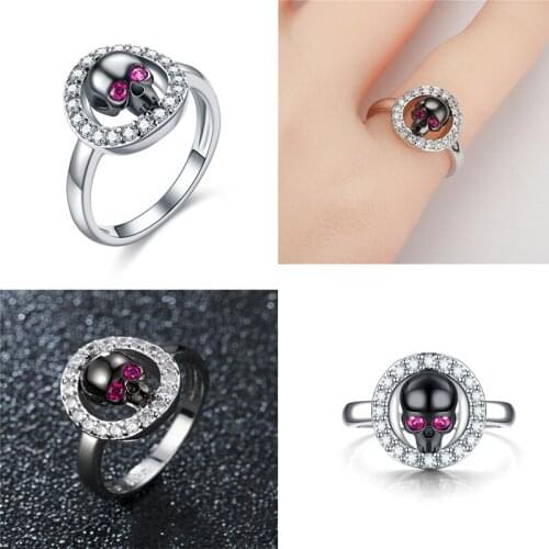 Black Skull Ring Silver Color Wedding & Engagement Crystal Ring For Women Jewelry
