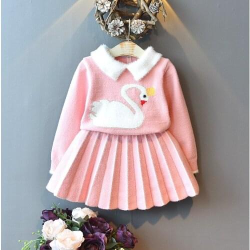 Girls Skirt Suit Embroidered Crystal Mink Cygnet Sweater Knitted Suit 2020 Autumn Winter Baby Top + Pleated Skirt Two-Piece Set