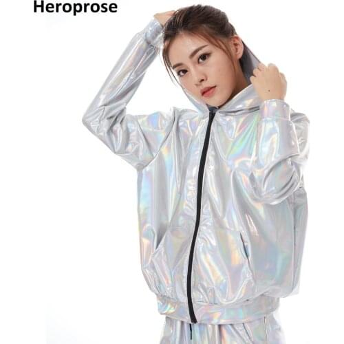 Spring Autumn Kid Audlt Bomber Pockets Jacket Fluorescent White Stage Performance Paillette Feminina Casaco Hip Hop Dance Coat