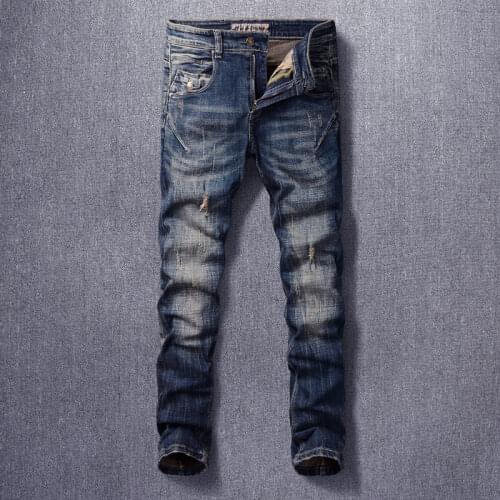 Italian Style Fashion Men Jeans Retro Blue Elastic Slim Fit Ripped Jeans Men Vintage Designer Spliced Designer Denim Punk Pants