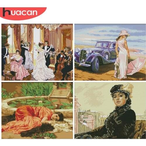 HUACAN DIY Cross-Stitch Girl Embroidery Needlework Sets 11CT 14CT Gift Cross Stitch Portrait Kits White Canvas Home Decoration