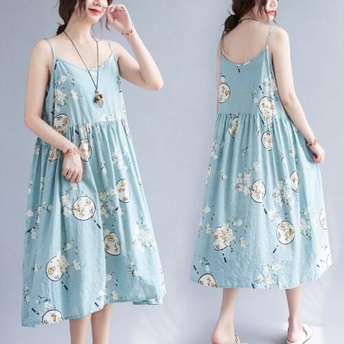 Holiday Travel Casual Beach Style Dress 2021 New Arrival Sleeveless Sling Women Summer Dress Print Floral Cotton Linen Dress