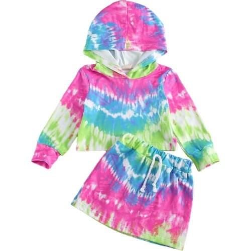 OPPERIAYA Toddler Kids Baby Girls Bandage skirts Tie-dye Long Sleeve Strap Tops Outfits High Waist Two-pieces autumn casual Set