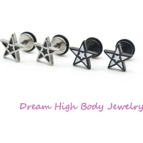 Korea Style Five Star Earrings Black White Oil Popular Mens Jewelry For Women Screw Back 16G Bar 316L Stainless Steel