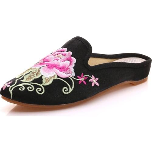 YourSeason Flower Embroidered Ladies Casual Canvas Flat Slides Shoes Pointed Toe Women Comfort Slip On Summer Cotton Slipper