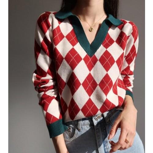 TVVOVVIN Womens Retro Lapel V-neck Diamond Lattice Long-sleeved Plaid Fashionable Street New Sweet Style Sweater 1J5H