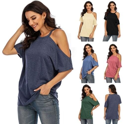 Womens Fashion Casual Solid Color Round Neck Strapless Short Sleeve T-Shirt Top
