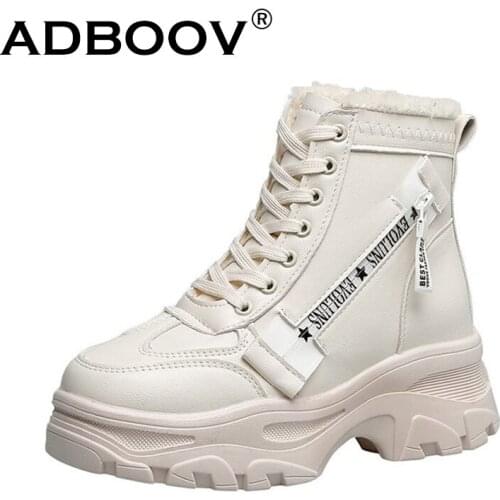 ADBOOV Fur Lining Ankle Boots Women Zip Synthetic Leather Winter Shoes Ladies