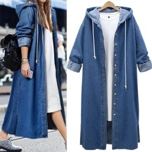 Womens Denim Jackets Hooded Trench Coat Loose Fashion Windbreaker Jacket Long Denim Cardigan Female Autumn Plus Size Vintage