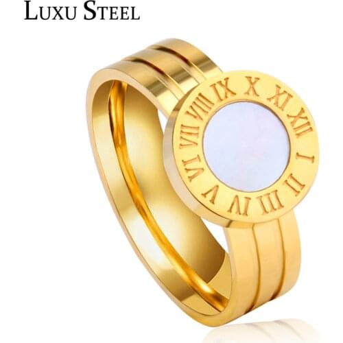LUXUSTEEL Women Rings Engagement Accessories Stainless Steel Gold White/Black Shell Round Numberal Ring Set Wholesale Collier