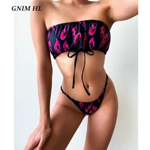 GNIM Sexy Bandeau Swimsuit Women 2 Pieces Bandage Bikini Set 2020 Fire Print Swimwear Backless String Swim Bather Suit Biquinis