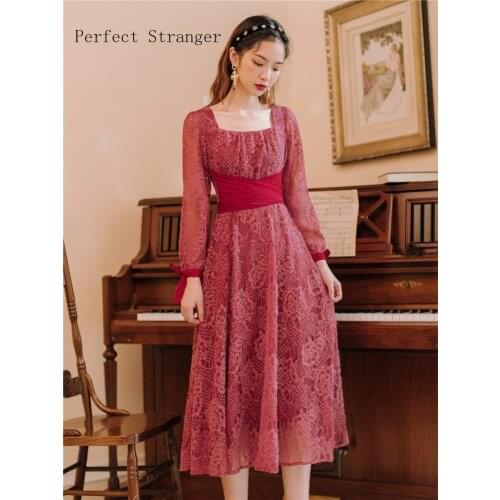 2019 Autumn New Arrival Retro Square Collar Collect Waist Woman Long Lace Dress