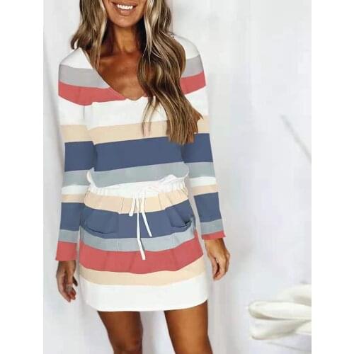 Autumn Women V Neck Lace Up Stripe Printed Long Sleeve T Shirt Dress Casual Fashion Plus Size OL Elegant Pullover Party Dresses