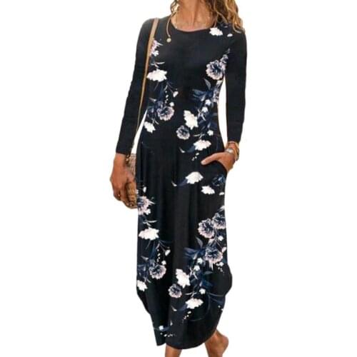 Women Dress O-Neck Long Sleeve Maxi Dress Pleated Irregular Hem Side Pockets Floral Print Slim Ladies Dress Streetwear Autumn
