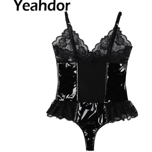 Women See Through Bustier Lingerie Bodysuit Patent Leather Lace Patchwork Sleeveless Slim Nightclub Dress Jumpsuit Underwear