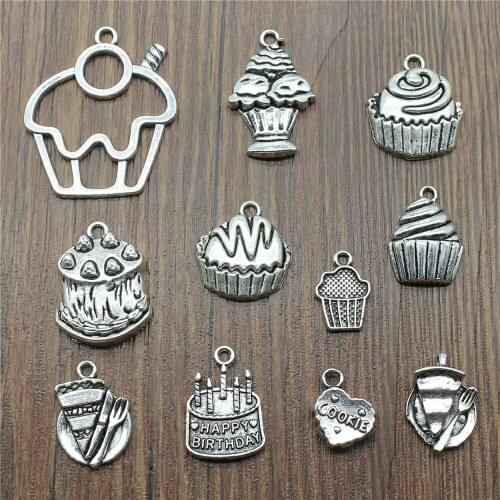 10pcs Charms Cupcake Antique Silver Color 3D Cupcake Pendant Charms Birthday Cake Charms For Jewelry Making