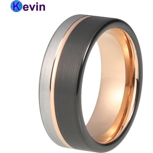 8MM Men Women Wedding Band Tungsten Ring Black Rose Gold Color With Offset Grooved Brushed Comfort Fit