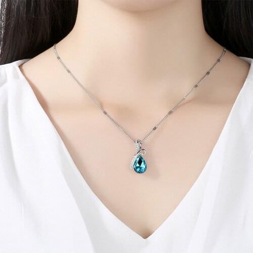 Fashion Blue Crystal Water Drop Pendant Necklace Simple Style Crystal Decor Choker Necklaces For Women цепочка на шею женская
