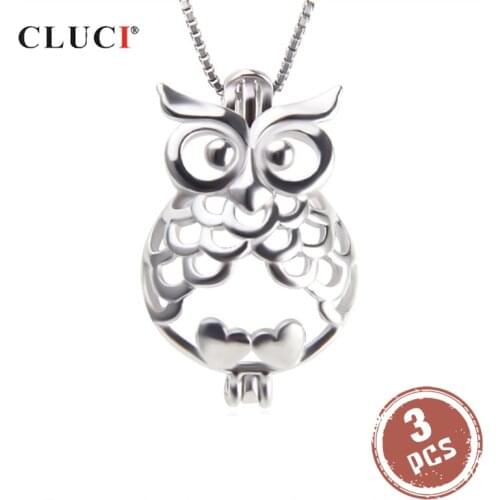 CLUCI 3pcs 925 Sterling Silver Pendant Luxury Fashion Owl Animal Jewelry Wish Pearl Locket Party Jewelry for Women Charm SC309SB