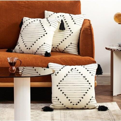White Black Cotton Cushion Cover With Tassels Cut flowers Pillow Cover 45x45cm/30x50cm Sofa Bed Home Decoration