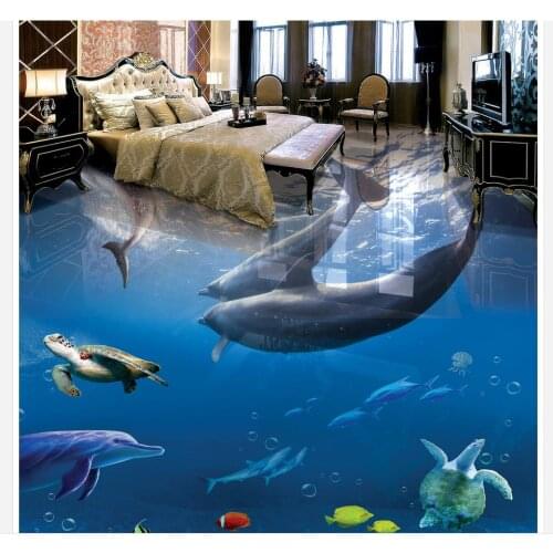 Home Decoration Dolphins Underwater World 3D stereoscopic bathroom living room floor pvc self-adhesive wallpaper