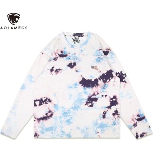 Aolamegs Men Long Sleeve T-shirt Tie Dye Bone Print Graphic T shirts Harajuku Oversized T-shirt for Men Leisure Chic Streetwear