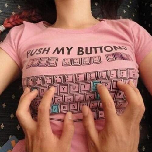 PUSH MY BUTTONS Funny keyboard printing spring summer bottoming shirts slim body thin college wind short-sleeved womens T-s#G6