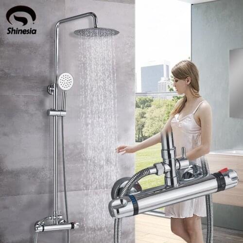 Chrome Thermostatic Bathroom Shower Set Faucet 8" Rainfall Head Bathtub Faucet With Hand shower Hot Cold Mixer Tap Wall Mount