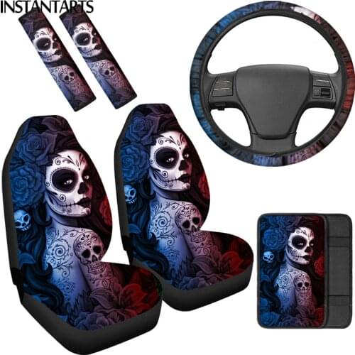 INSTANTARTS Sugar Skull Rose Flower Print Anti-Slip Seat Covers Steering Wheel Cover Durable Car Console Pad Seat Belt Cover New