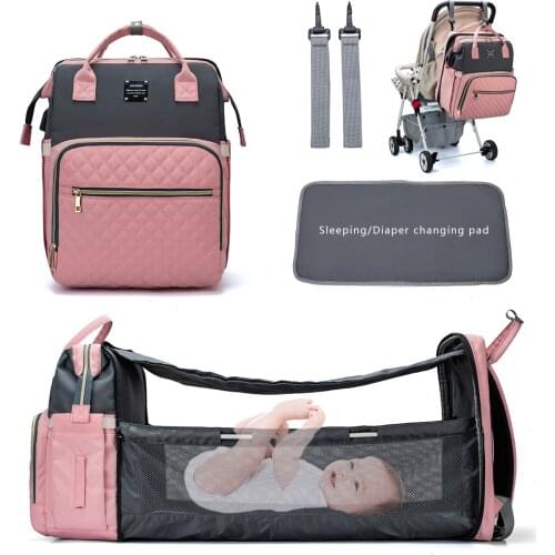 Lequeen Diaper Bags Mummy Backpack 3 In 1 USB Stroller Bag Baby Care Crib Foldable Sleeping Bed Backpack with Hook Maternity Bag