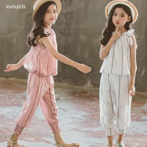 Summer Girl Suit Baby Flower Vest T-shirt + Pants 2pc Girls Boutique Outfits Kids Girl Clothing Sets