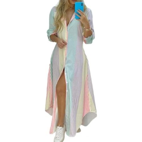 Fashion Women Shirt Dress Colorful Stripe Print Single-breasted Female Sundress Irregular Hem Lapel Summer Women Dresses Office