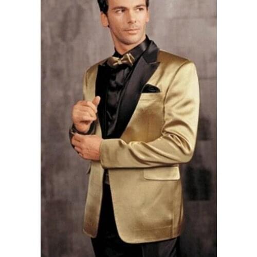 2 piece Prom Men Suits with Peaked Lapel Gold Satin Wedding Tuxedo for Groomsmen Custom Man Fashion Jacket with Black Pants New