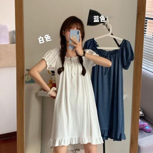 Nightgowns Women Summer Ruffles Lovely Girls Solid Nightwear Knee-length Womens Sweet Bow Tie Loose Casual Home Wear Soft dress