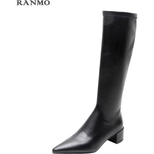 2020 Autumn New Women High Heel Shoes Women Knee-High Casual Boots Fashion Stretch Fabric Pointed Toe All Match British Style