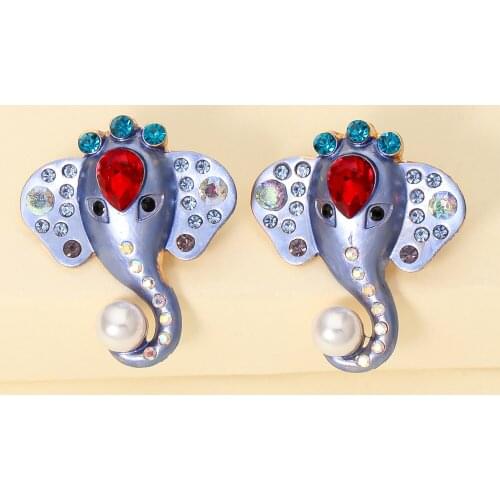 Wholesale Cute Cartoon Metal Purple Earrings Elephant Shape Crystal Peal Stub Earrings Gift for Girlfriend