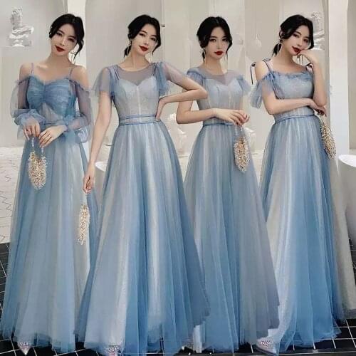 Bridesmaids Dresses Illusion Full V-Neck Pleat Lace Tulle Floor-Length Off The Shoulder Luxury Blue Lady Wedding Party Gown E600